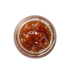 A close-up view of a jar filled with rich, glossy fruit jam on a clean background