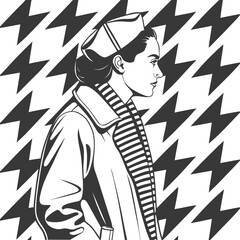 Black and white cartoon illustration of a stylish woman with artistic silhouette design