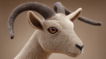 Cute digital rattan goat sculpture with curved horns abstract art piece in a cozy environment