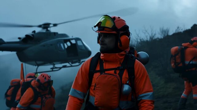 Search and rescue team landing from helicopter in mountain during emergency operation in cold weather with fog and rescue gear for natural disaster response or lost person mission