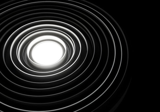 A bold black and white concentric circle composition, laser-cut wood, 3D effect, dramatic side lighting, modern sculpture.