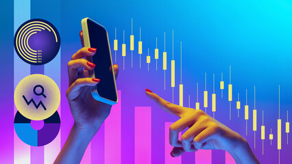 Colorful composition of hands holding smartphone with financial graphs and analytics charts. Concept of trading platforms, big data in finance, UI design for investment tools.