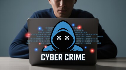 Combatting Cyber Crime: A person interacting with a laptop displaying a hacker icon, emphasizing digital security threats and critical online protection measures for data