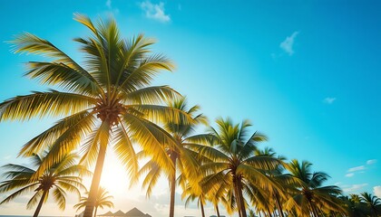 Obraz premium Scenic Tropical Palm Trees with Golden Sunset Sun Flare and Blue Sky