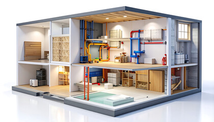 Detailed cross-section of a modern house showcasing HVAC systems, plumbing, and interior design elements.