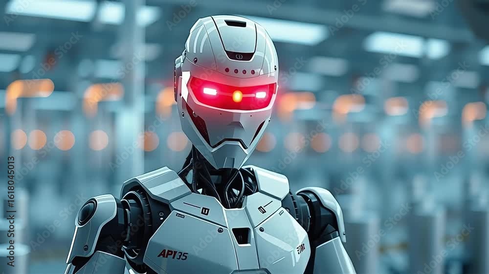 Poster futuristic robot with glowing red eyes high tech environment showcasing advanced technology and slee