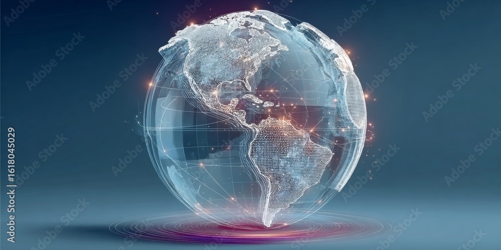 Poster high-tech globe visualization showcasing global communication networks and innovative connections