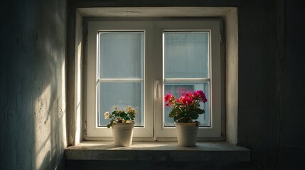 A serene window view featuring blooming flowers in white and pink pots, illuminated by soft morning light.