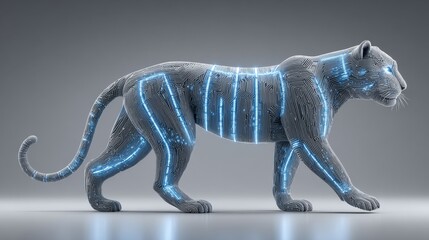 Digital craft of a cute abstract tiger sculpture glowing in energy set in a tech environment captured in gigapixel detail