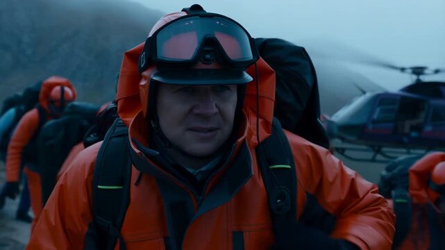 Expedition team in orange gear disembarking from helicopter onto remote mountain terrain for outdoor adventure and environmental exploration in cold, misty weather