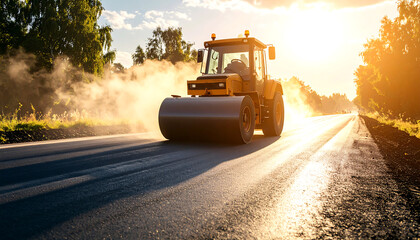 Road roller compacting asphalt on sunny day, construction and infrastructure concept