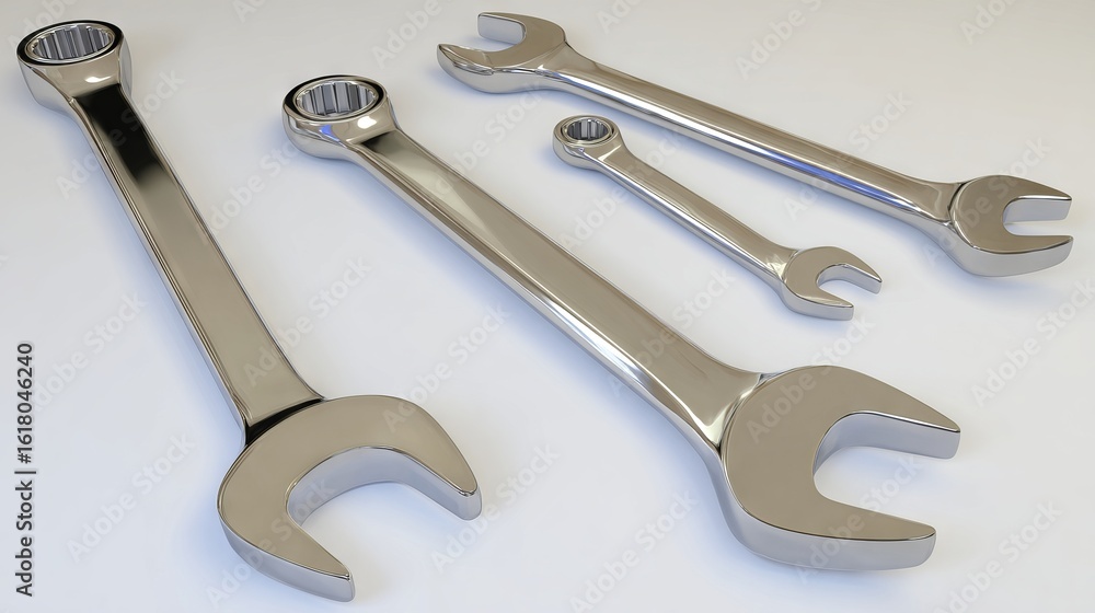 Poster set of shiny chrome wrenches in various sizes arranged on a smooth surface, showcasing the tools' de