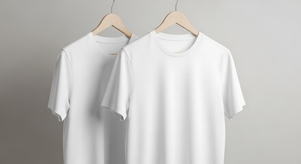 Two Pristine White T-Shirts on Wooden Hangers, Ideal Blank Apparel Mockup Display