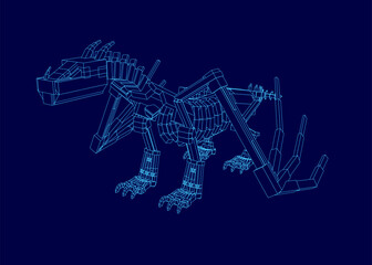 A 3D wireframe T-Rex stands on a blue background, composed of interconnected geometric shapes and clean lines. The low poly design highlights the dinosaur's contours with precision.
