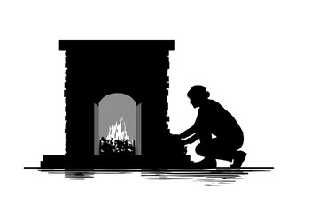 Woman putting logs into fireplace silhouette