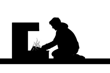 Man lighting fire in fireplace silhouette