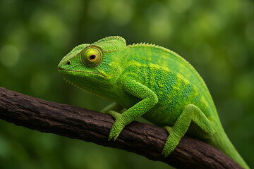 A bright green chameleon rests on a branch in its natural habitat