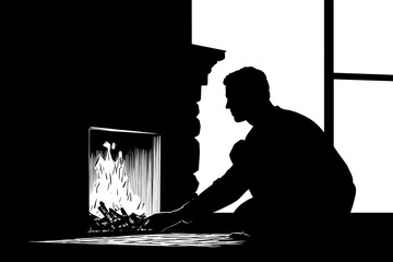 Man putting wood into burning fireplace near window at night