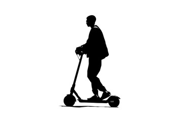 Silhouette of businessman riding electric scooter in city