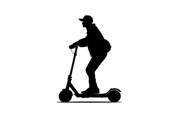 Silhouette of deliveryman riding electric scooter with backpack