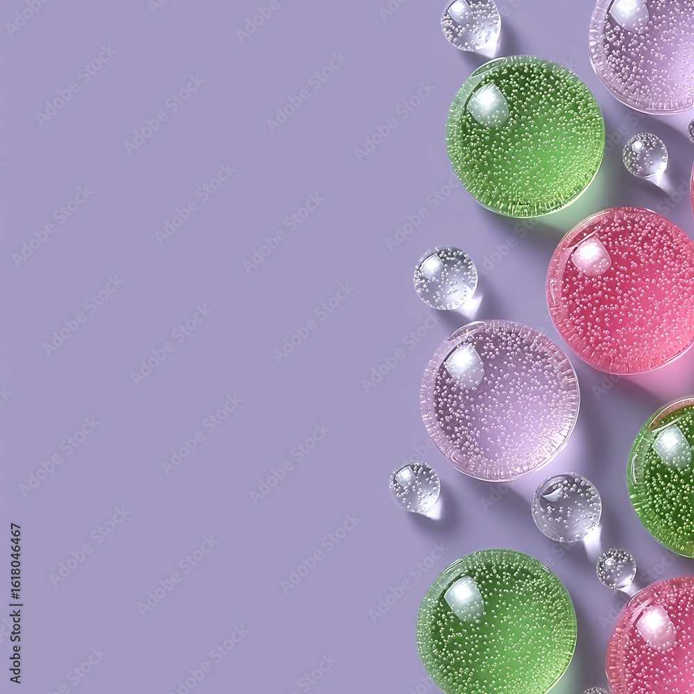 Poster floating colorful jelly blobs with smooth refraction on lavender background
