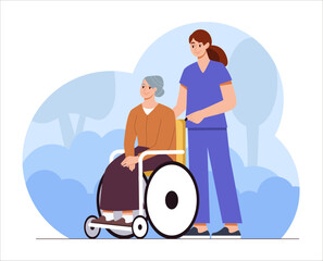 Elderly people care. Nurse helps an senior woman with disabilities, a walk on a wheelchair in nature. Social services. Flat vector illustration.