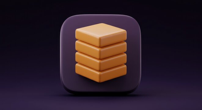 A dark-purple square app icon features a stack of five subtly-rounded, light-orange cubes, centrally positioned, suggesting layers or data storage.  The cubes have a smooth, 
