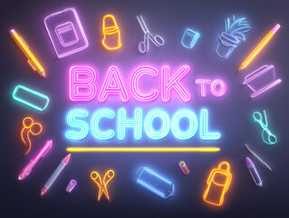 Back to school neon sign surrounded by colorful school supplies