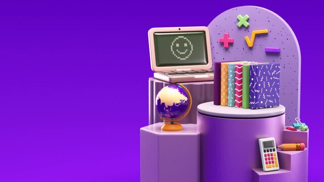 Back to School looping video background with some school stuff on platforms, purple background and copy space in a colorful 3D animation