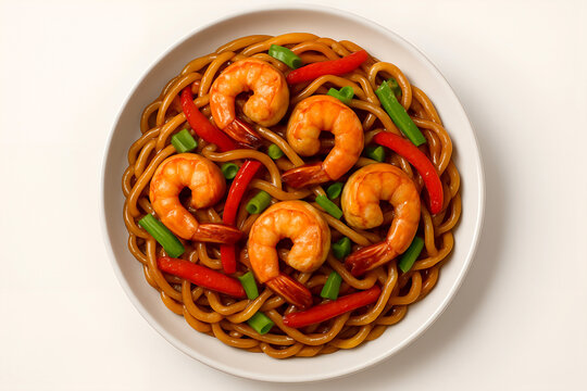 A delicious plate of shrimp noodles with red pepper isolated on white background