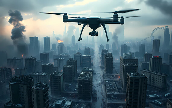 Drone Flying Over Ruined City Street with Pedestrians in Pixel Art Style