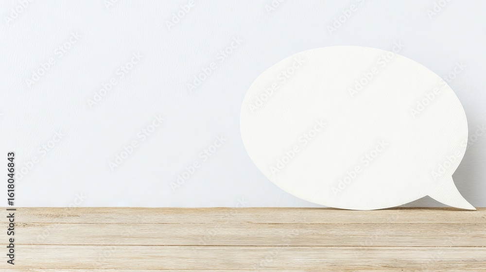 Poster blank speech bubble mock up on wooden table against a light background, ideal for adding text or quo