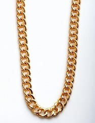 Obraz premium A shiny gold chain necklace displayed on a clean white background, showcasing its elegant links and luxurious appeal.