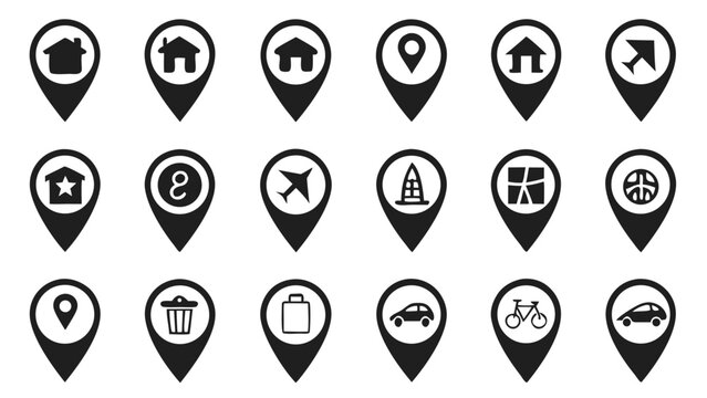 Collection of black and white location map pin icons with various symbols