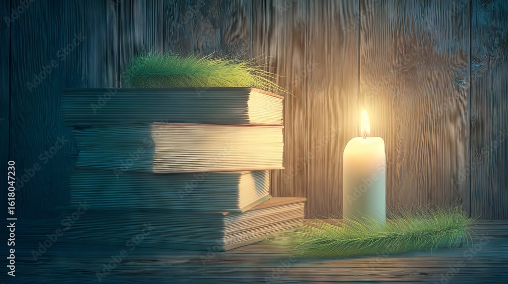 Poster stacked books with soft green grass and a glowing candle create a serene atmosphere, evoking a sense