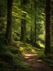 Sunbeams illuminating hiking trail through lush green forest