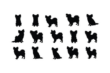 Naklejka premium Papillon dog silhouettes various poses black white