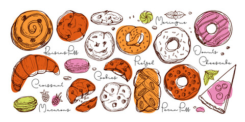 Pastry desserts set. Cookies, croissants, puffs, macaroons, donuts sketch collection with inscriptions. Hand drawn elements for package, menu, recipe. Sketch ink graphic bakery set. Sweet dessert