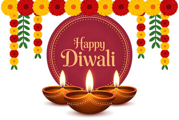 A happy diwali greeting with lamps and marigold decoration