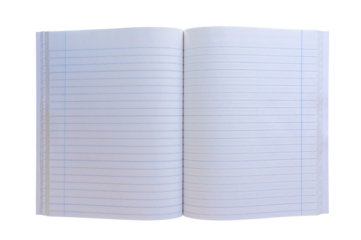 Open notebook with lined paper and margins ready for writing or drawing, symbolizing potential and new beginnings. Isolated