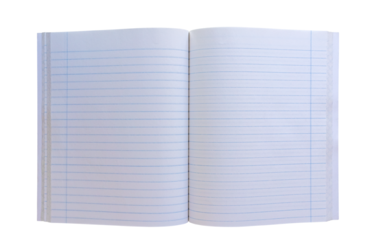 Open notebook with lined paper and margins ready for writing or drawing, symbolizing potential and new beginnings. Isolated