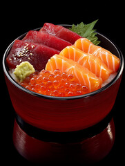 Kaisen-don, a japanese rice bowl with tuna, salmon, and salmon roe, creating a vibrant culinary display