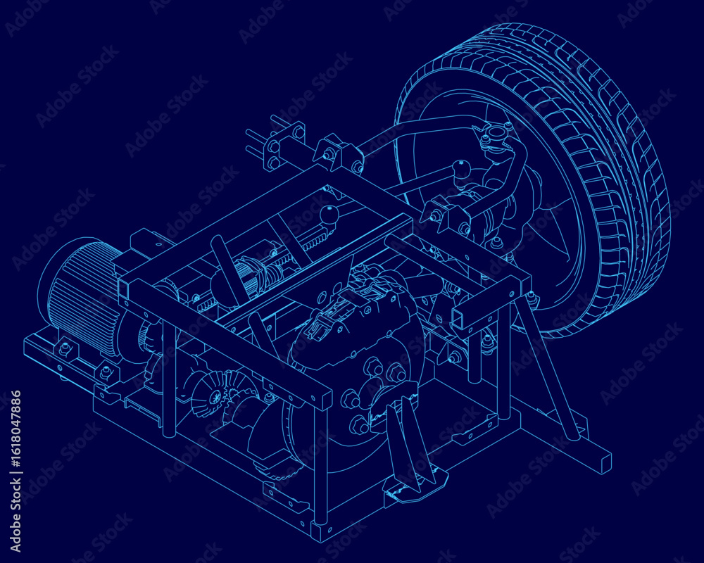Poster blueprint of a car engine displays intricate components and mechanical details on a blue background.