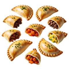 Assortment of Baked Empanadas with Various Fillings and Green Garnish.
