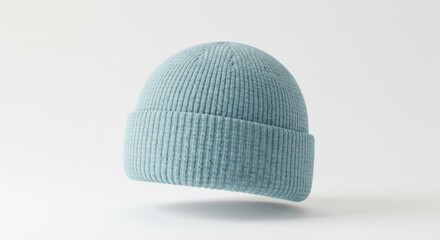 Fototapeta premium A light blue, ribbed knit beanie sits on a white background, slightly tilted, showcasing its texture and folded cuff. The soft, muted color and simple design are highlighted by the clean backdrop