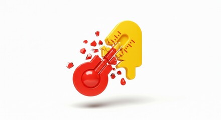Naklejka premium A 3D rendering depicts a broken thermometer. The bulb is red, the rest yellow, melting and shattering, signifying high temperature. White background