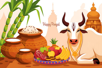 A happy pongal illustration with cow, pots, and sugarcane