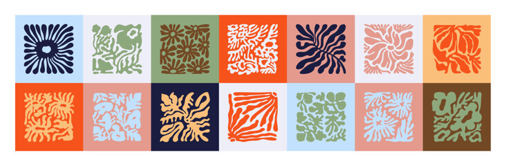 Collage of flowers in Matisse art style, decoration. Set of stylized abstract floral silhouettes. Patterns with groovy leaves, shapes of plants in minimal style in frame. Flat vector illustration © Paper Trident