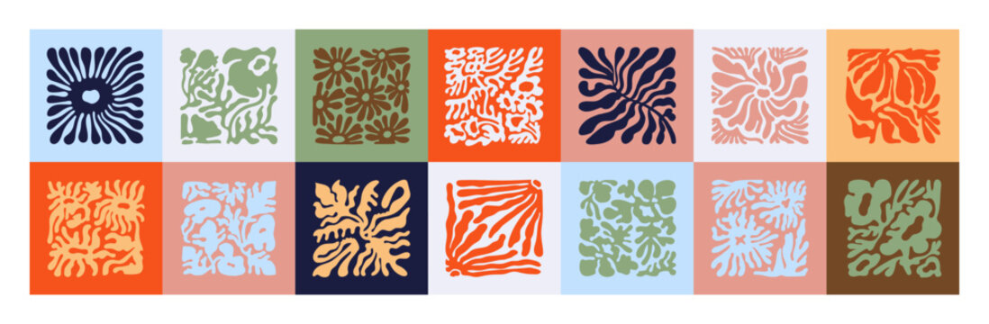 Collage of flowers in Matisse art style, decoration. Set of stylized abstract floral silhouettes. Patterns with groovy leaves, shapes of plants in minimal style in frame. Flat vector illustration