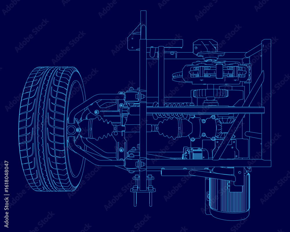 Poster blueprint of a car's suspension system displays the drive unit and module with precise contour lines